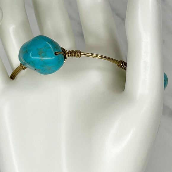 Gold Tone Faux Turquoise Beaded Small Wire Bangle Bracelet - Picture 8 of 8